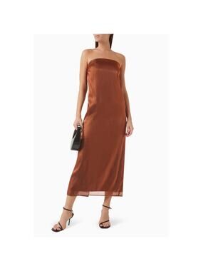 Staud Casey Dress Iridescent Cocoa Brown Strapless Column Maxi Dress SZ 10